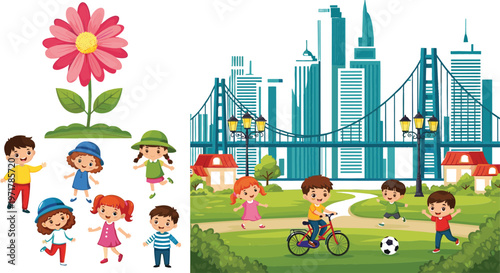Happy kids characters with flower and city park playground scene with bicycle and football vector illustration set
