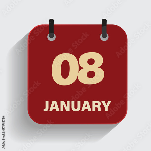 january eighth date calendar icon with red theme and long shadow for personal event organizer