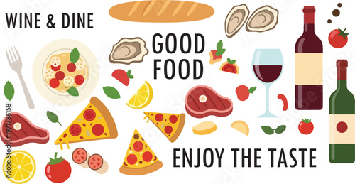 Wine and Dine Gourmet Food Kitchen, Illustration Doodle Cartoon Collection
