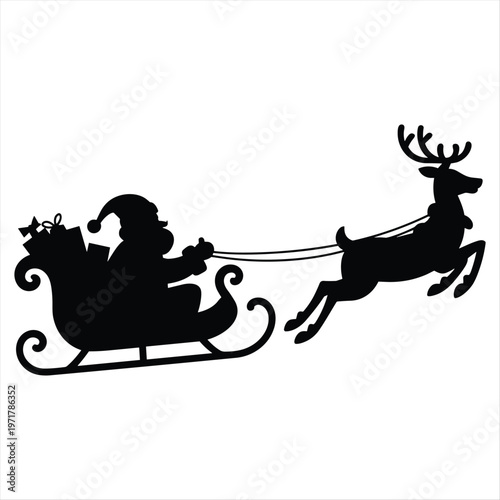 Santa claus rides in his sleigh pulled by a reindeer