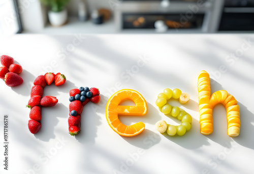 Colorful fruits are shaped to spell fresh on a white surface sunlight streams in casting artistic shadows and highlighting vibrant textures in a bright modern kitchen scene