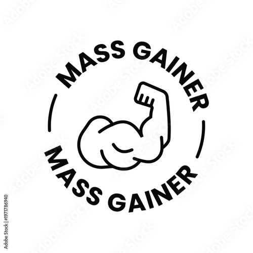 minimalist circular mass gainer logo featuring a strong bicep muscle icon in black and white