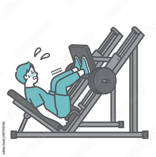 辛そうにレッグプレスマシンを使うぽっちゃり男性のイラスト