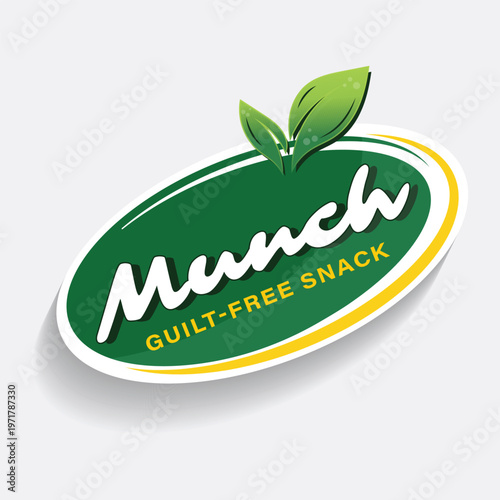 Munch guilt free snack green emblem with organic leaves for healthy food and natural treats