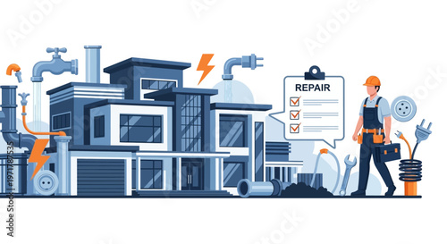 Vector art features a uniformed air conditioning technician with his toolkit, standing near a repair checklist against the backdrop of a modern industrial building with pipes and fixtures