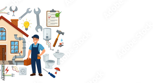 Illustrated handyman in uniform stands near a house with plumbing and electrical components, holding a toolbox, presented with flat, cartoon-like styling and bright colors against a clean