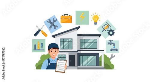 A handyman in uniform holds a clipboard for an AC inspection in front of a modern house, depicted with illustrative vector art, showcasing maintenance icons against a clean white