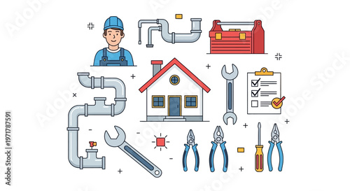 Flat vector illustration featuring a handyman character alongside plumbing equipment, a toolbox, and a checklist, all arranged against a clean white background with a bright and organized