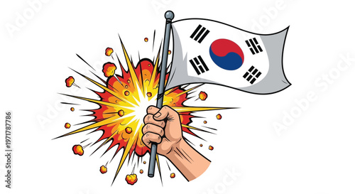 South Korean Flag Waving, Hand Holding Flag with Explosive Boom Effect, Patriotism