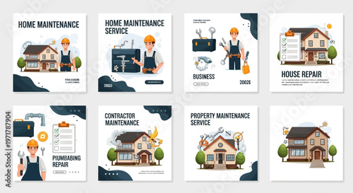A set of square vector illustrations depicting home maintenance scenarios, including AC repair and general property upkeep, with a consistent cartoon character design against clean white