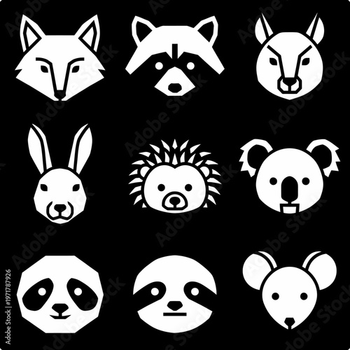 Collection of cute animal faces icons.