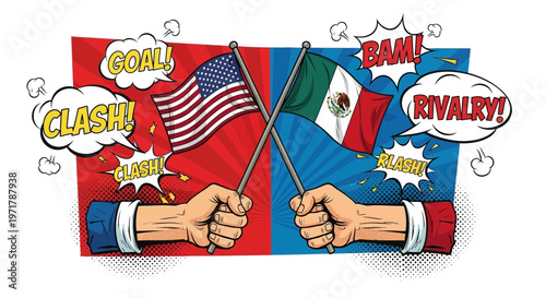 USA vs Mexico Flag Clash, Political Rivalry, Comic Book Style