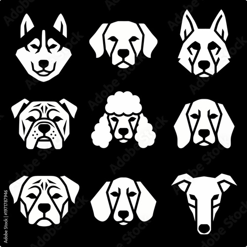 Collection of various dog breeds faces.