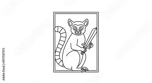 Fierce Lemur Warrior Holding Sword in Vintage Frame