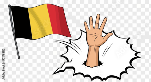Belgian flag waving, hand emerging from comic book explosion, help concept
