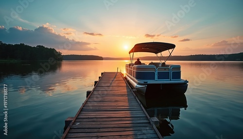 Pontoon boat rests on calm lake pier at sunset. Golden hour light reflects on water surface. Peaceful evening scene with tree line silhouette on horizon. Relaxing water recreation.