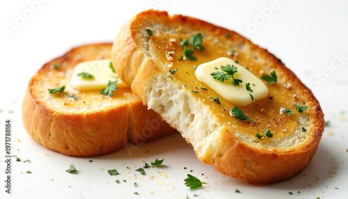 Toasted bread slices topped with butter and fresh parsley. Golden crusts yield to soft interiors. Perfect for breakfast, brunch, or as a savory snack.