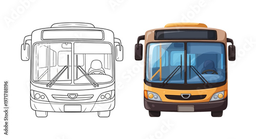 Bus Front View: Line Art and Realistic Illustration Comparison