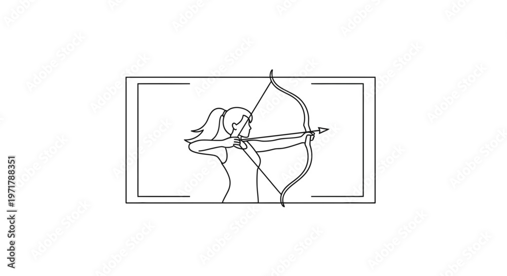 Obraz premium Archer Woman Drawing Bow Arrow in Target Frame, Minimalist Line Art