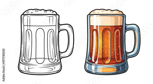 Beer Mug Outline and Full Color Illustration - Refreshing Drink