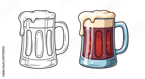 Beer Mug Outline and Full Color Illustration - Refreshing Drink