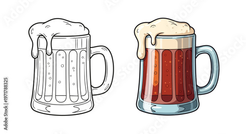 Beer Mug With Foam - Line Art and Color Illustration