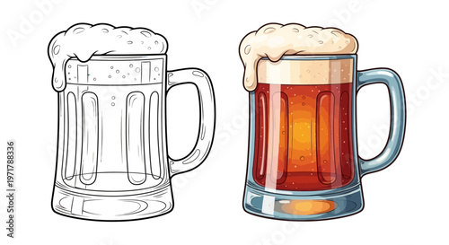 Beer Mug Outline and Full Color Illustration, Refreshing Drink with Foam