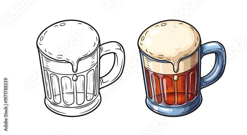 Beer Mug with Foam - Line Art and Full Color Comparison