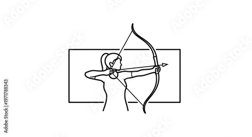 Archer aiming bow and arrow, focused woman practicing archery sport, silhouette illustration