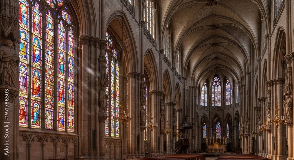 Fototapeta premium Gothic cathedral interior with stained glass