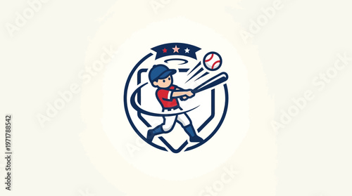 Baseball Player Hitting a Ball in Shield-Shaped Emblem