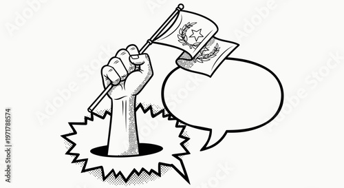 Fist holding flag with speech bubble, protest, freedom of speech, revolution concept