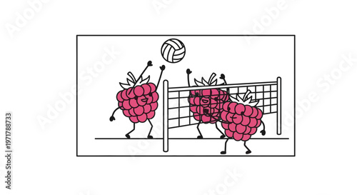 Funny Raspberries Playing Volleyball Game on Net, Healthy Food Concept