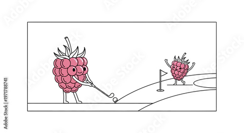 Funny Raspberry Playing Golf on Green Course, Healthy Food Character