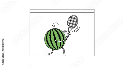 Funny watermelon playing tennis with a racket and ball, cartoon character