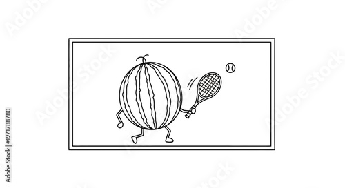 Funny watermelon playing tennis, cartoon character, healthy lifestyle, sports concept