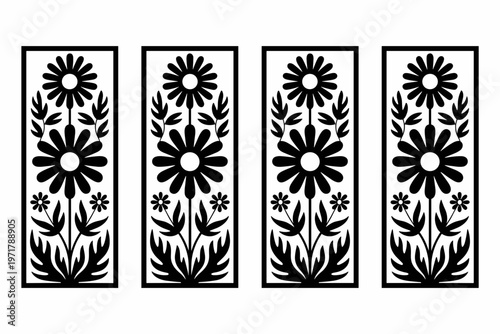 Four black and white flower designs in rectangular frames