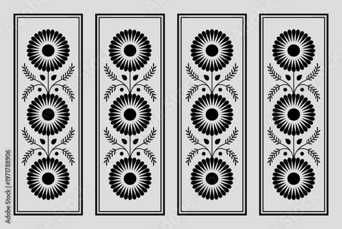 Four identical black and white rectangular designs with circular patterns