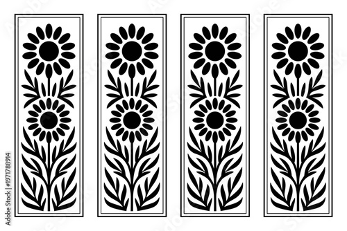 Four black and white sunflowers on vertical panels