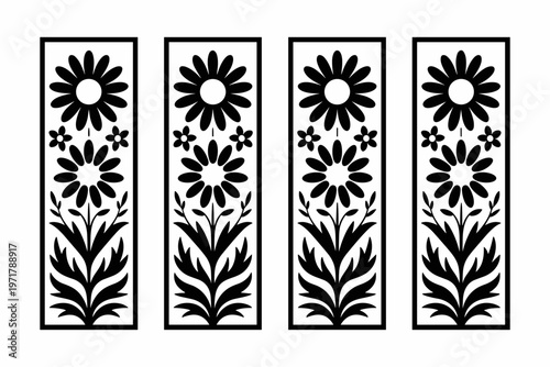 Four black and white flower designs in rectangular frames