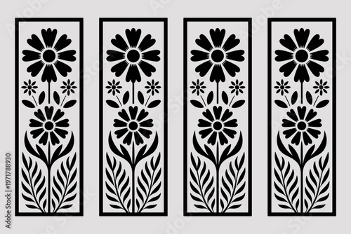 Four black and white flower designs in rectangles