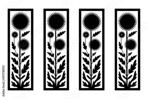 Four black flower designs in rectangular frames