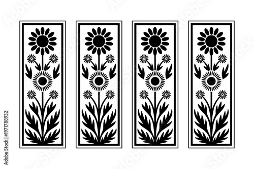 Four black and white flower designs in rectangular frames