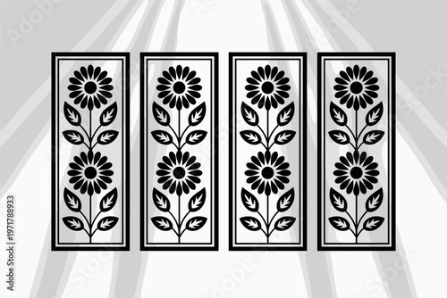 Four black and white sunflowers in rectangular frames
