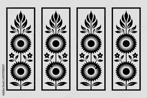 Four black floral designs on white background