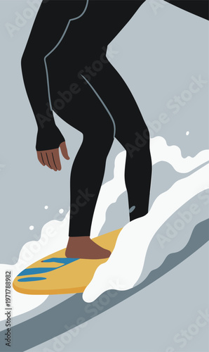 Surfer rides a wave on a yellow board while wearing a black wetsuit in the ocean during daytime