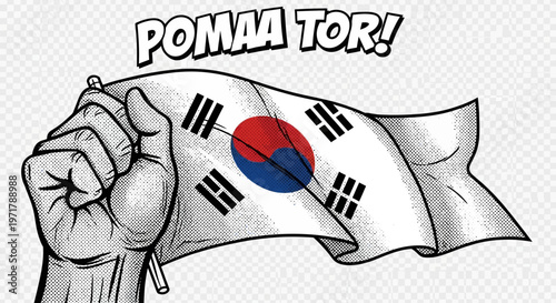 Fist Holding South Korean Flag, Pomaa Tor Text, Comic Style