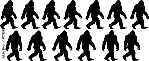 Bigfoot silhouette, mythical creature silhouette sequence. Ideal bigfoot for cryptozoology, folklore enthusiasts. Mysterious walking beast, legend, Sasquatch, Yeti, enigma, shadowy figure