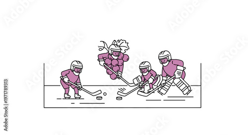 Funny cartoon hockey players with grape head playing ice hockey