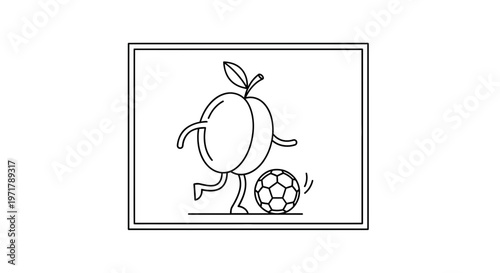 Funny cartoon plum character playing soccer, outline drawing, isolated on white background